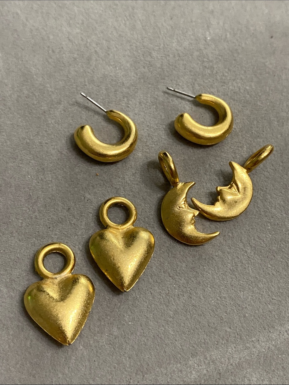 Matte Gold Moon & Heart Charm Earring Set